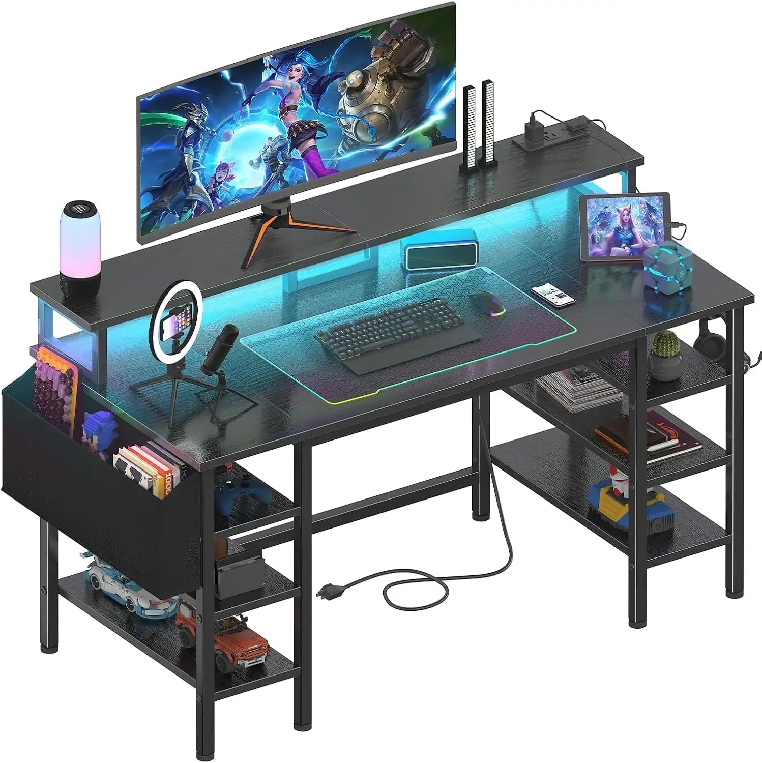 Gaming Desk with LED Lights and Storage Shelves, 47 inch Computer Desk with Power Outlets, Home Office Desk with Monitor