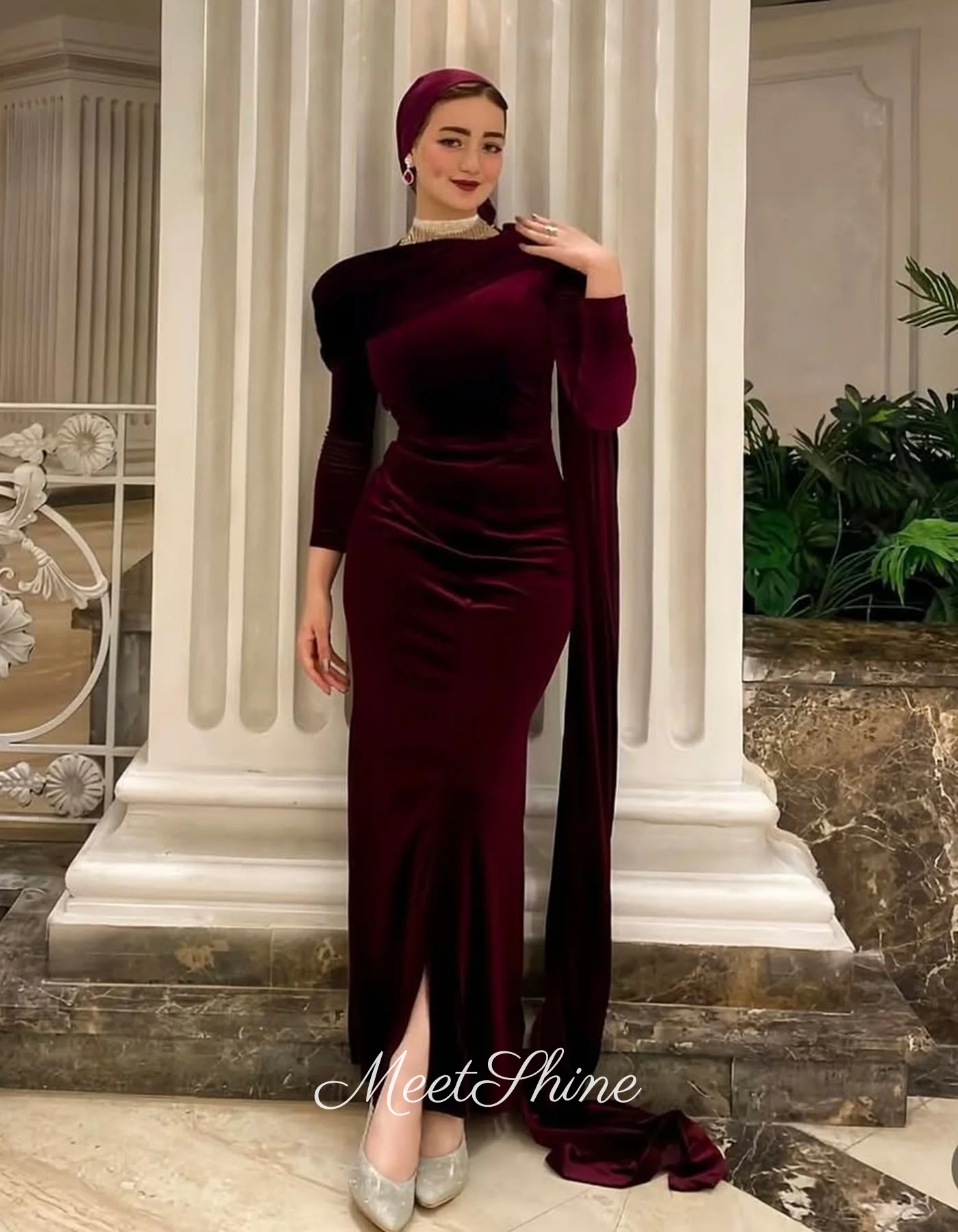 ブルゴーニュマーメイド長袖ベロアイブニングドレス高品質足首丈 O ネックウェディングパーティードレスウエディングドレスカスタマイズ