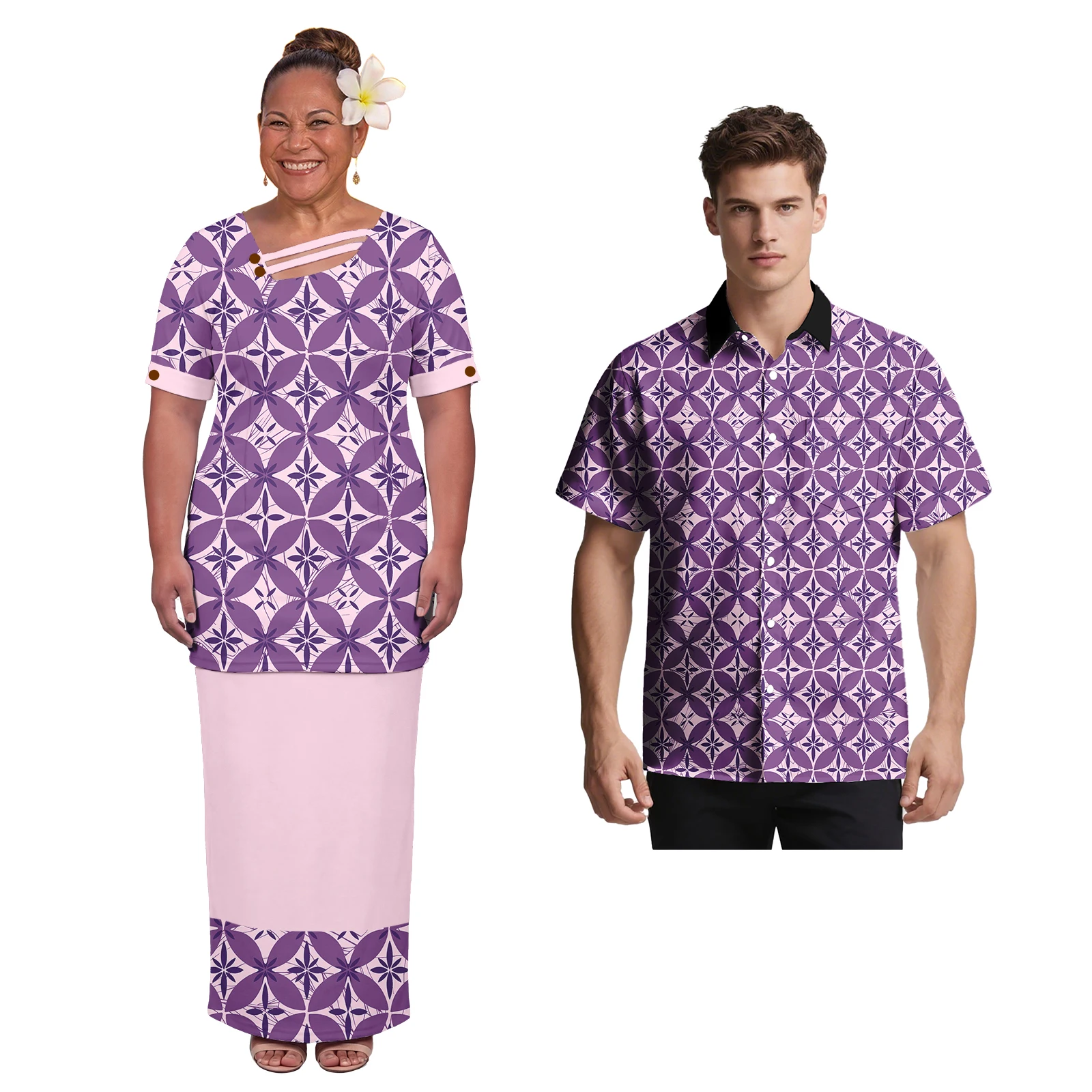 Samoa Tribe Couple Set Polynesian Women's Pletasy Dress High Quality Pattern Customized Men's Aloha Shirt