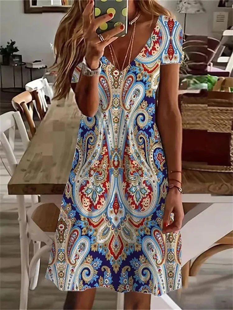 Vestido de manga curta vintage feminino solto com decote em v, pulôver casual feminino, estampa floral, extragrande, moda verão, Novo, 2023