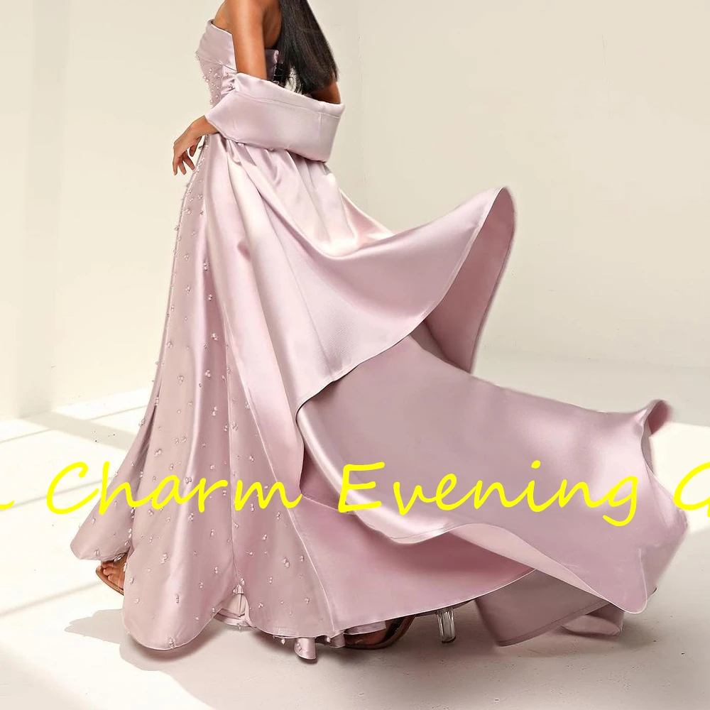 Exquisite A-Line Floor Length Strapless Satin Sleeveless Evening Dress Classic Pleats Pearls Photo Color Special Occasion Gowns