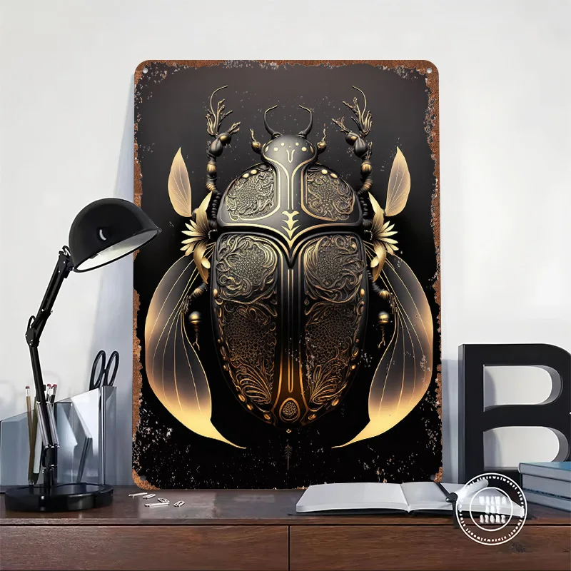 Beetle Golden Art Deco Tinplate Poster Custom Wall Art Vintage Metal Signs Retro Tin Plaque for Decoration Bedroom Desk Decor