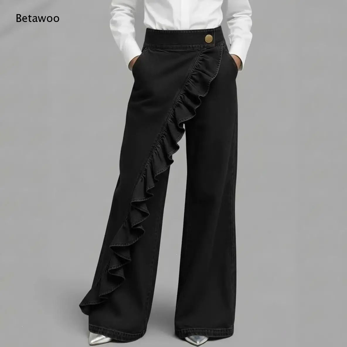 Ladies Asymmetric Wrap Front Denim Wide Leg Pants Diagonal Ruffle Decor Mid Rise Gold Button Casual Flare Jeans