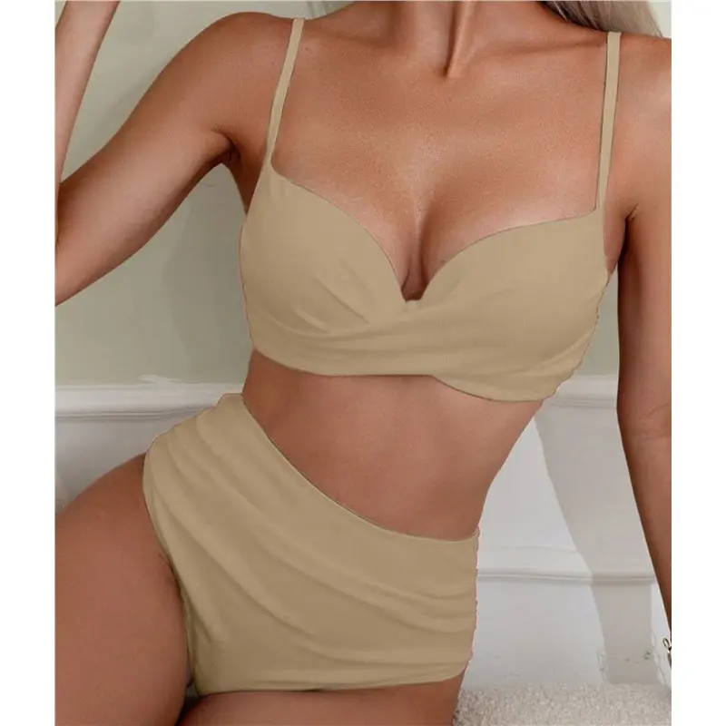 AS98-Damen 2-teiliges Bikini-Set mit Spaghettiträgern, hohem Beinausschnitt, Push-up und Bügel-Badeanzug