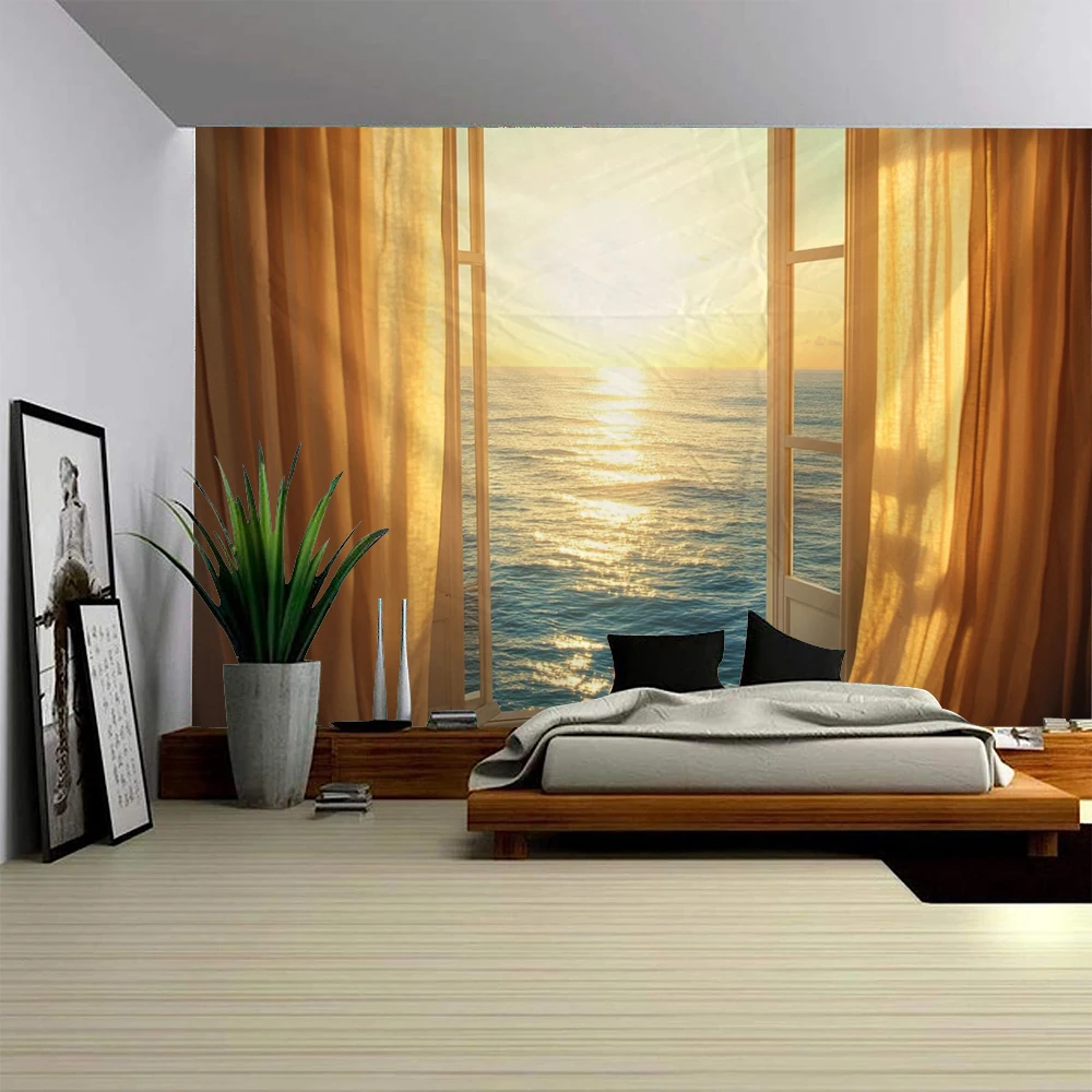 3D Window Seascape Decoration Tapestry Window Beach Seascape Decoration Tapestry Home Background Decoration