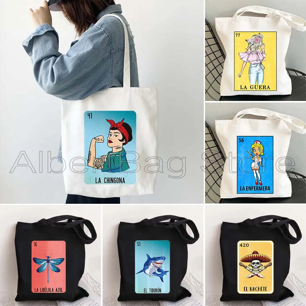 Funny Mexican Traditional Slang Lottery Bingo Gifts La Gringa Nurse Guera Chingona Mariposa Canvas Tote Bag Shopping Handbag