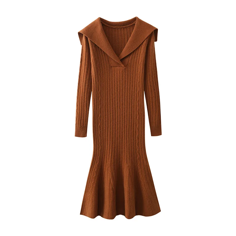 

Women's Sweater Dress 100% Merino Wool Knitwear Turn-down Collar Fishtail Skirts Autumn Winter Wool Pullover Preppy Style Dress