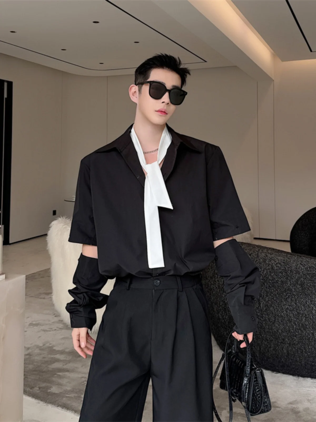 

Summer Men's irt Tie Casual ort Sve Pure Color Design Unique Leisure Removeable Sve High-End Feeling Haome