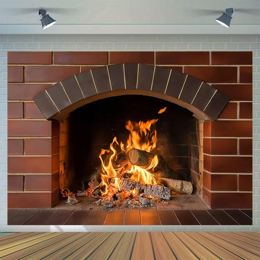 Christmas Fireplace Theme Background New Year Home Decoration Warm Family Winter Brick Frame Stove Photography Props Gift Banner