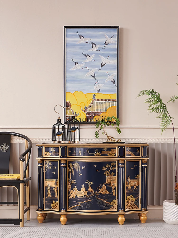 

French Royal Blue Painted Luxury Solid Wood New Chinese National Fashion Living Room Entrance Curio Cabinet