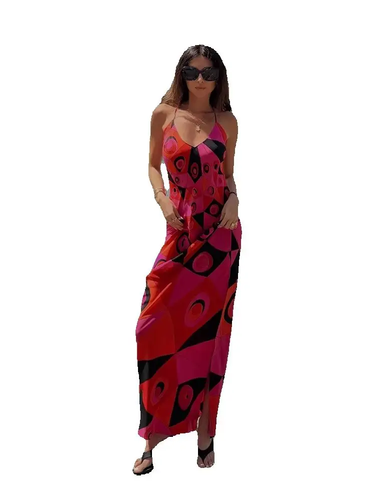Sommermode Resort Casual Vintage Geometrischer Druck Langes Kleid Damen Spaghetti-Träger Hohe Taille Seitenschlitz A-Linien-Kleider