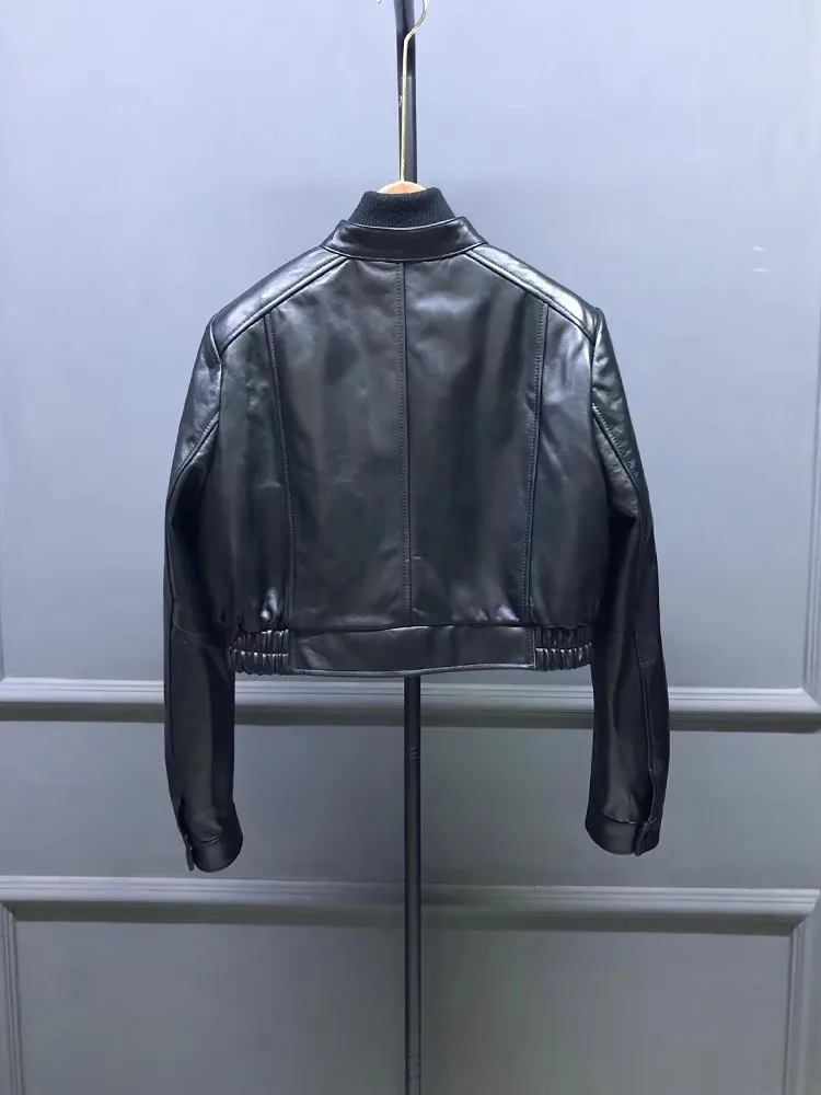 فاسق المرأة دراجة نارية سترة عالية الخصر الوقوف طوق جديد ملابس علوية بأكمام طويلة للربيع سستة الشارع الشهير الإناث جلد طبيعي معطف قصير