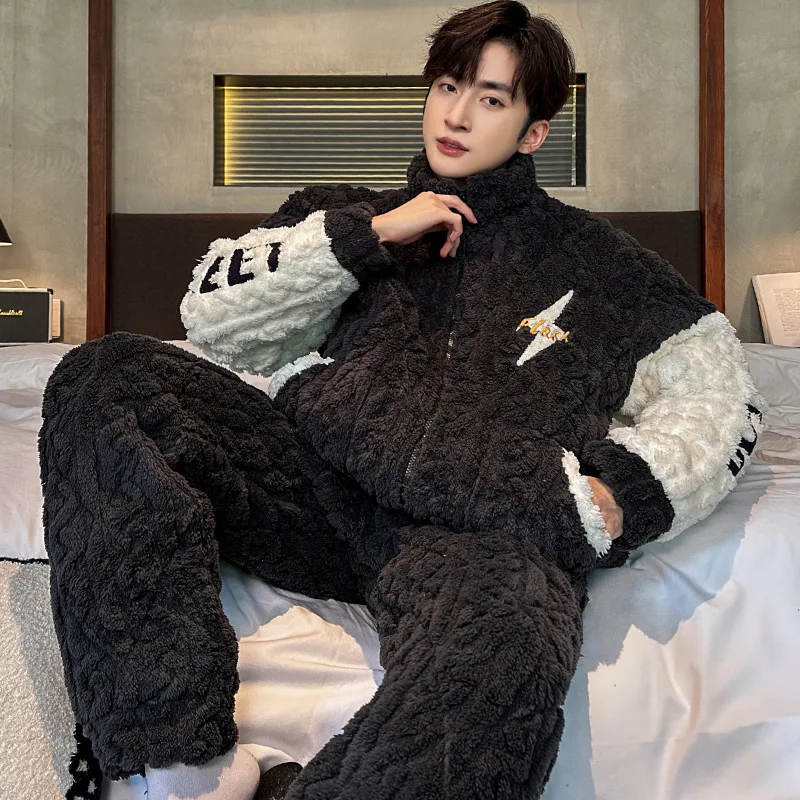 Three-layer Cotton and Fleece Thickened Flannel Home Wear Pajamas for Men, Winter and Autumn Set, Providing Good Warmth.