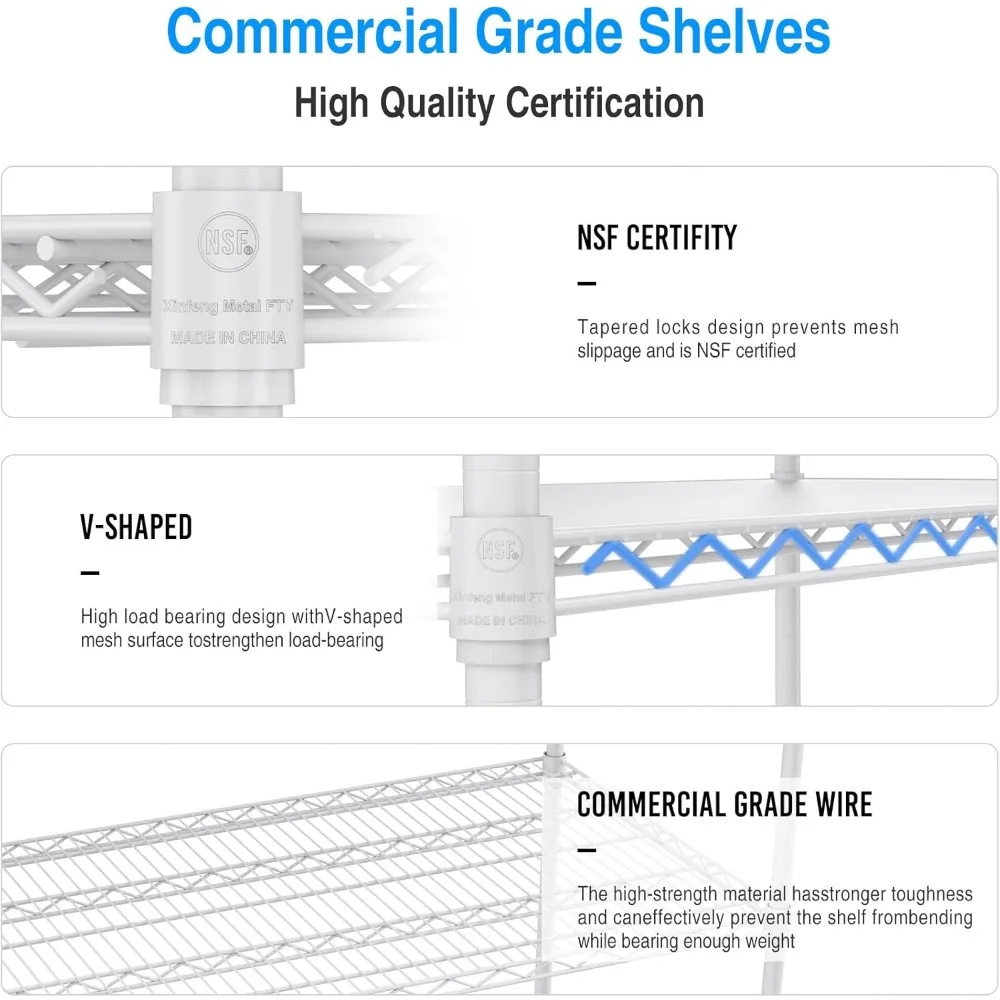 Unit rak kawat rak logam NSF 5 tingkat, rak penyimpanan tugas berat 6000lbs, rak penyimpanan yang dapat disesuaikan, 82 "H x 48" L x 24 "d-putih