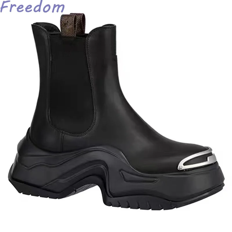 Niche style platform platform high-top boots new round toe Chelsea boots metal decorative women's shoes