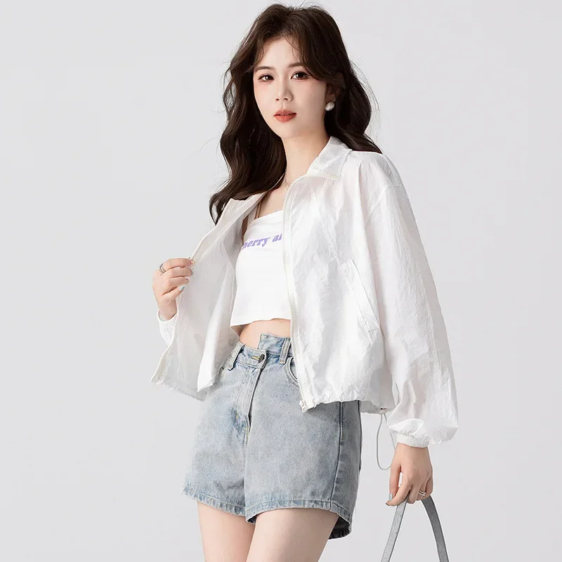 Women Summer Korean Version Csaual Fashion Sun Protection Jacket Girl Hooded Short Stand Collar Sun Protection Jacket LadyCoat