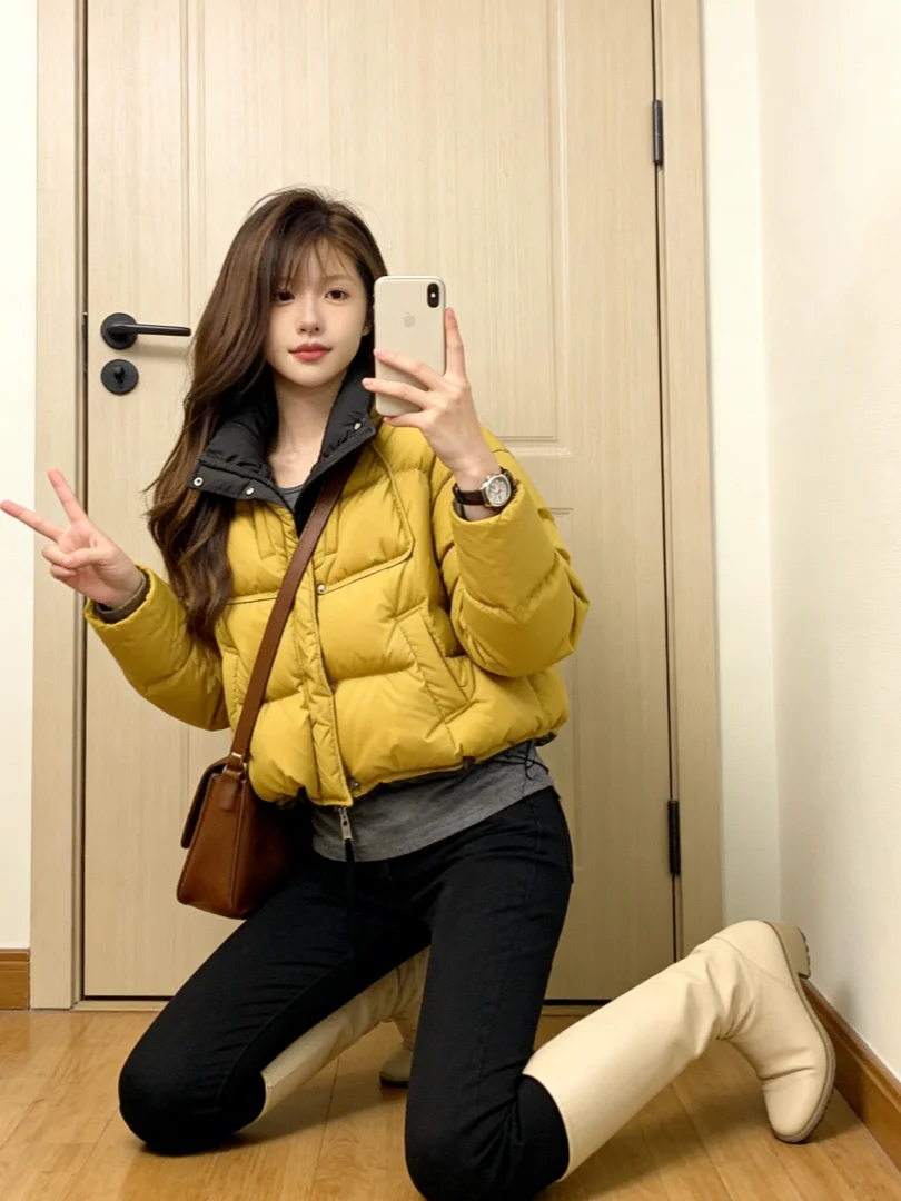 

2025 Winter New Arrival Thiened Yellow Cotton Jaet ort Warm Unique Bread Sle Outerwear Women's Faion Commute Sle