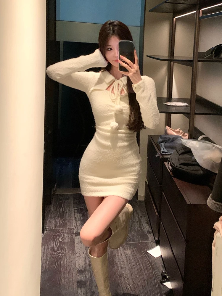 Pure Color Short Party Dress Elegant Bodycon Knitted Mini Dress Woman 2023 Spring One Piece Dress Korean Fashion Slim Design