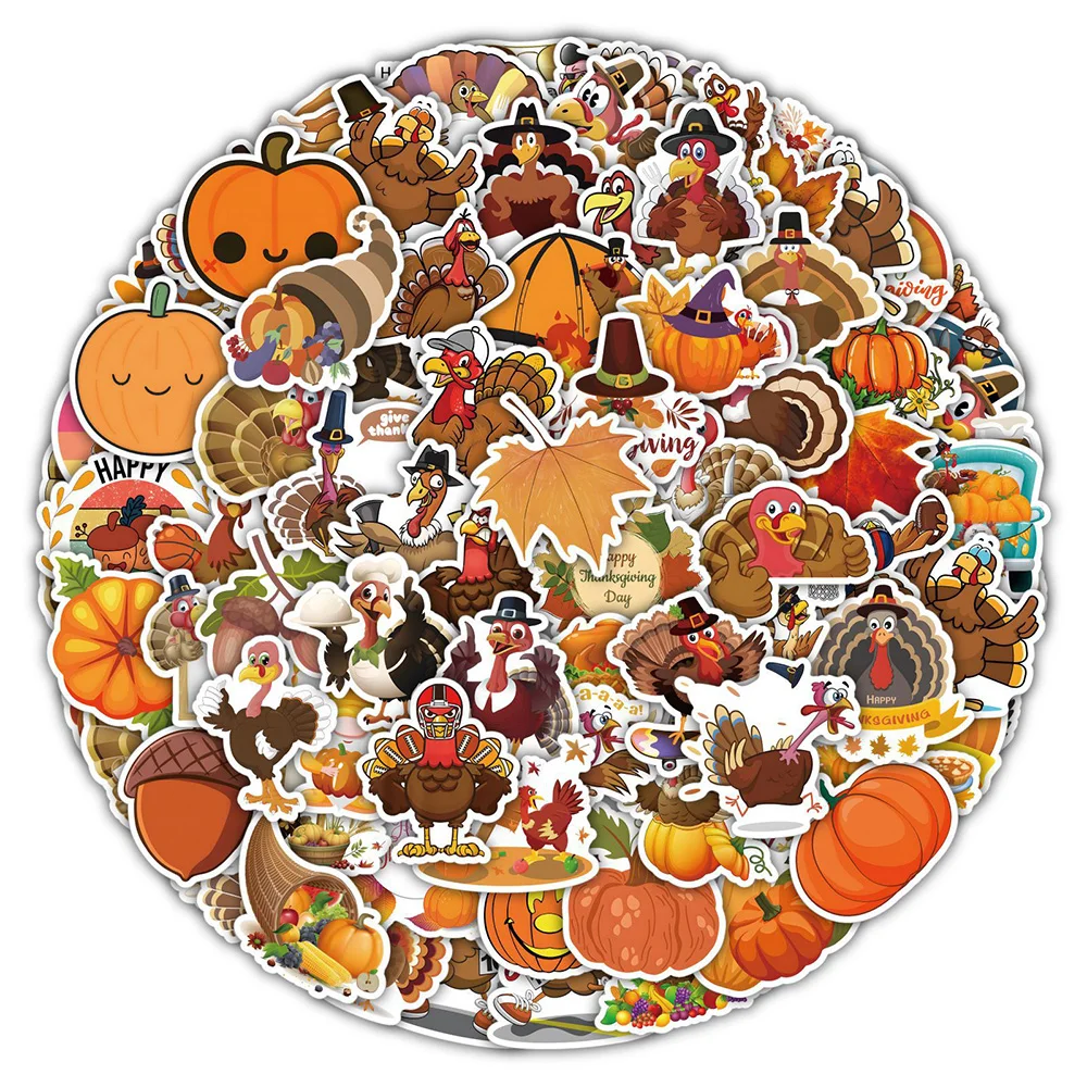 10/30/50/100PCS Thanksgiving Turkey Pumpkin Cartoon Sticker DIY Laptop Luggage Skateboard Graffiti Decals Fun for Kid Toys