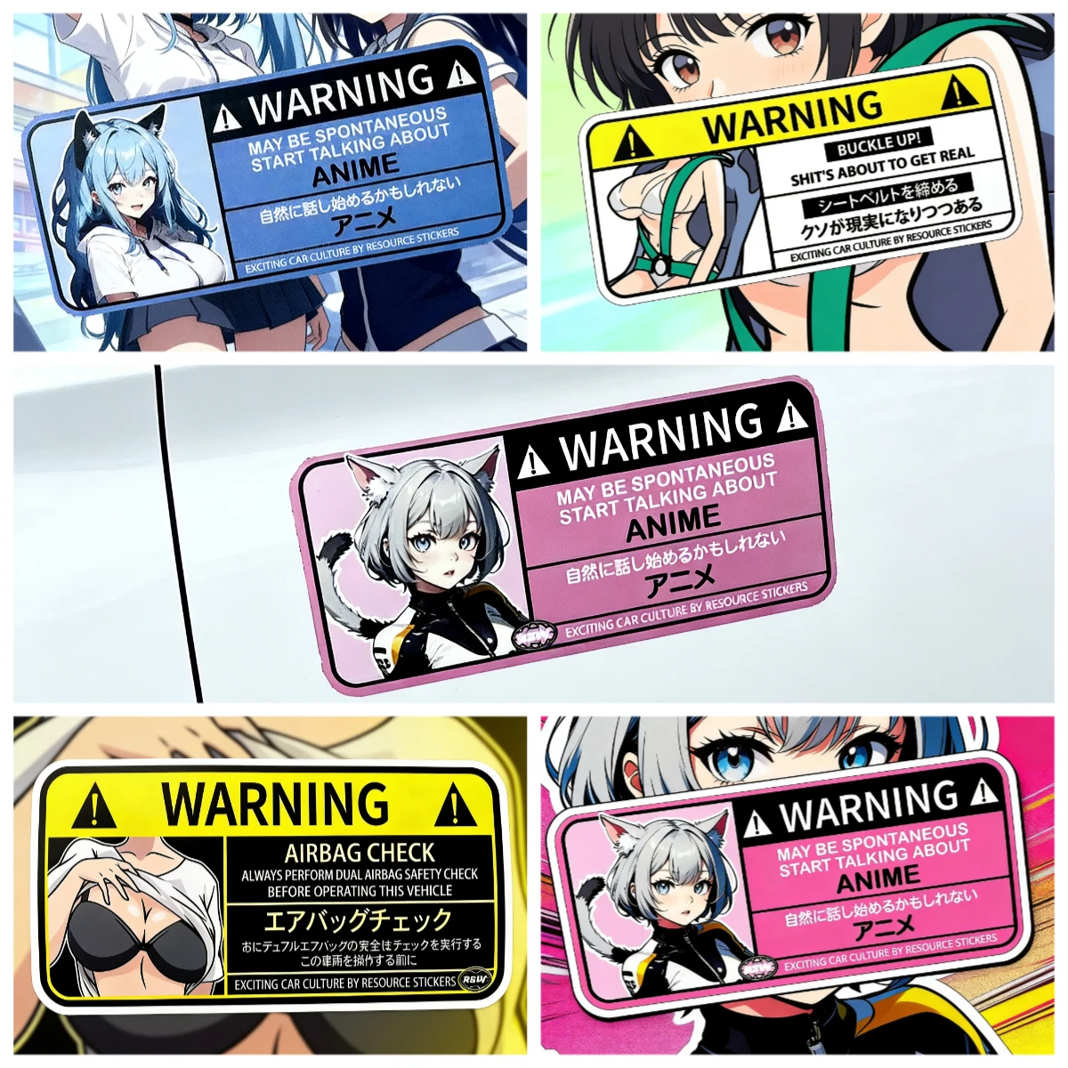 ​ Airbag Check Warning Sticker Cartoon Anime Car Decal Adhesive Vinyl Waterproof Removable for Car Dashboard Window Safety Alert