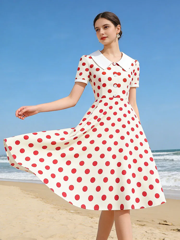 Klassisches Retro-Sommerkleid für Damen mit Peter-Pan-Kragen, gepunktet, Kurzarm, A-Linie, Outfit für Picknicks und Partys.