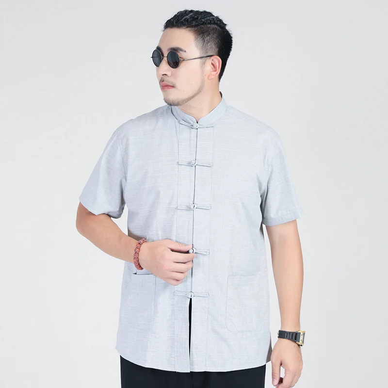 Tangpak Button-down overhemd met korte mouwen voor heren met dikke grote maat Chinese stijl losse retro linnen overhemden heren