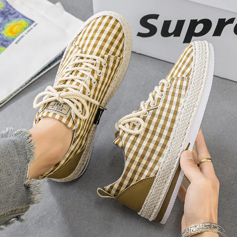 Hot Sale Gingham Men's Canvas Sneakers Fashion Casual Green Sneakers Men Trendy Lightweight Breathable Skateboard Shoes For Men