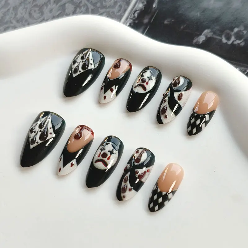 10 Stück niedliche, verspielte Clown-Maske, zum Aufkleben, künstliche Nägel, für Mädchen und Damen, abnehmbare Nagelspitzen, Karneval, süß, cool, Party – Detail 6