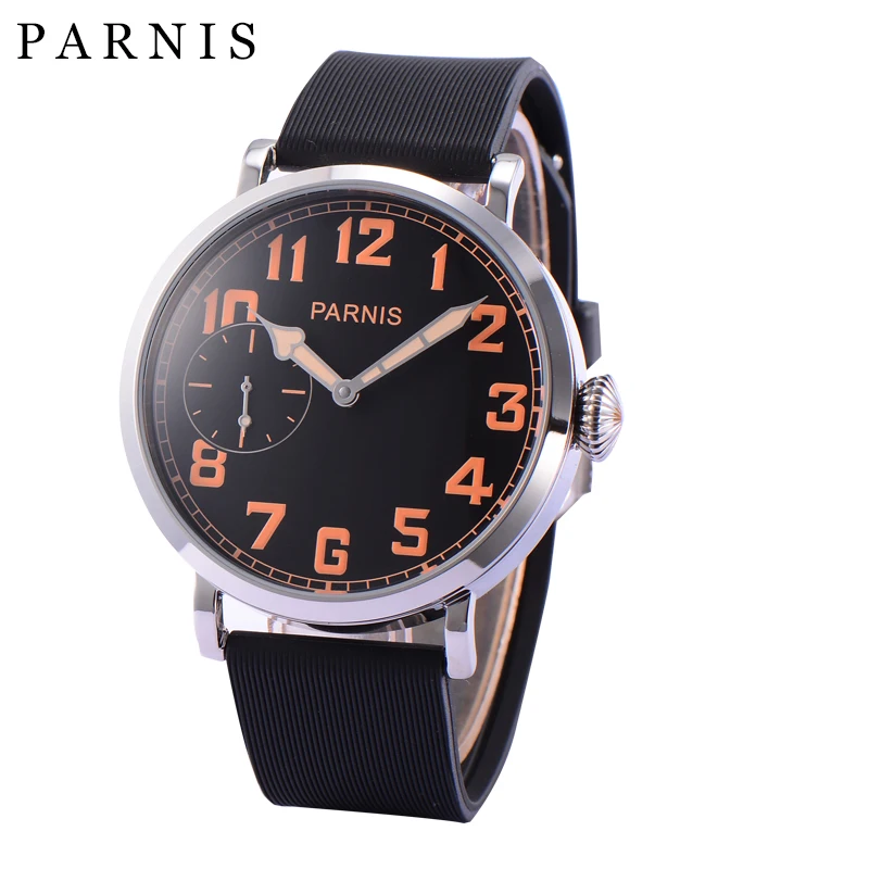 Fashion Parnis 46mm Silver Case Mechanical Watches Hand Wind Men Wristwatch Leather Strap mechanische uhren 2024 Man Gift Clock