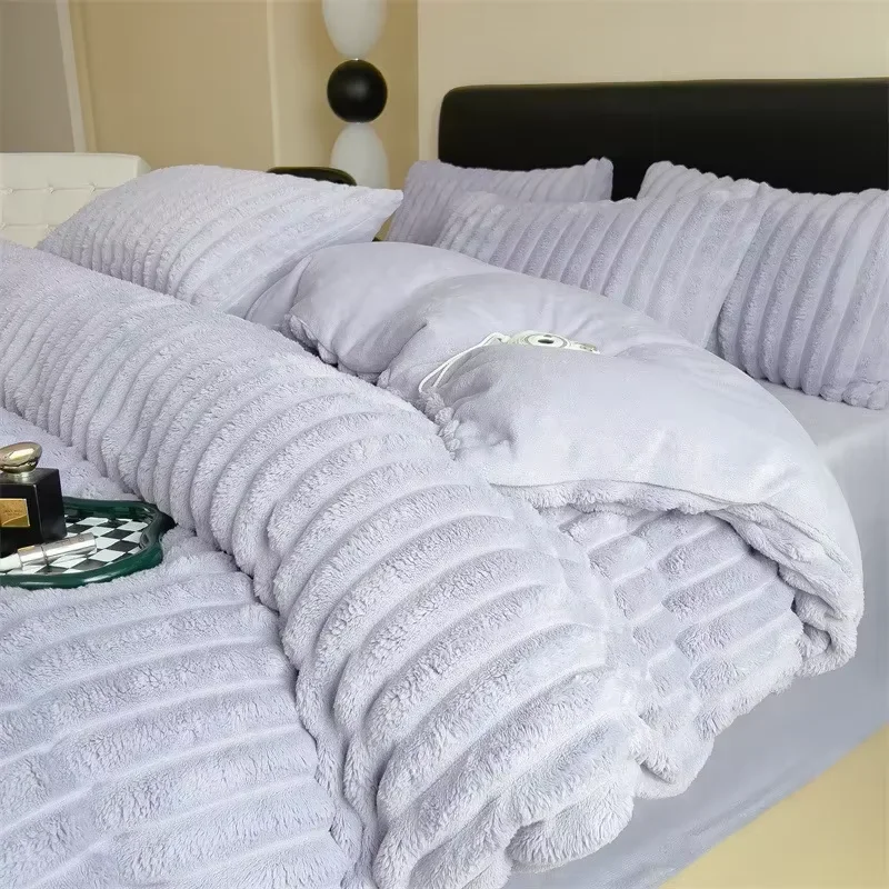 Winter Thickened Plush Warm Duvet Cover Set Solid Color Luxury High Quality Quilt Cover Sheet Pillowcase 4pcs Queen Bedding Set