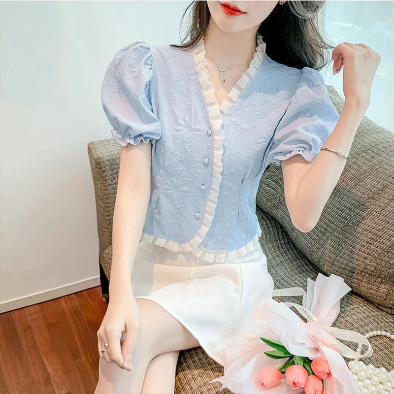 French V-neck Bubble Sleeved Irregular Shirt for Women\'s Summer New High-end Unique Short Sleeved Casual Temperament Trendy Top