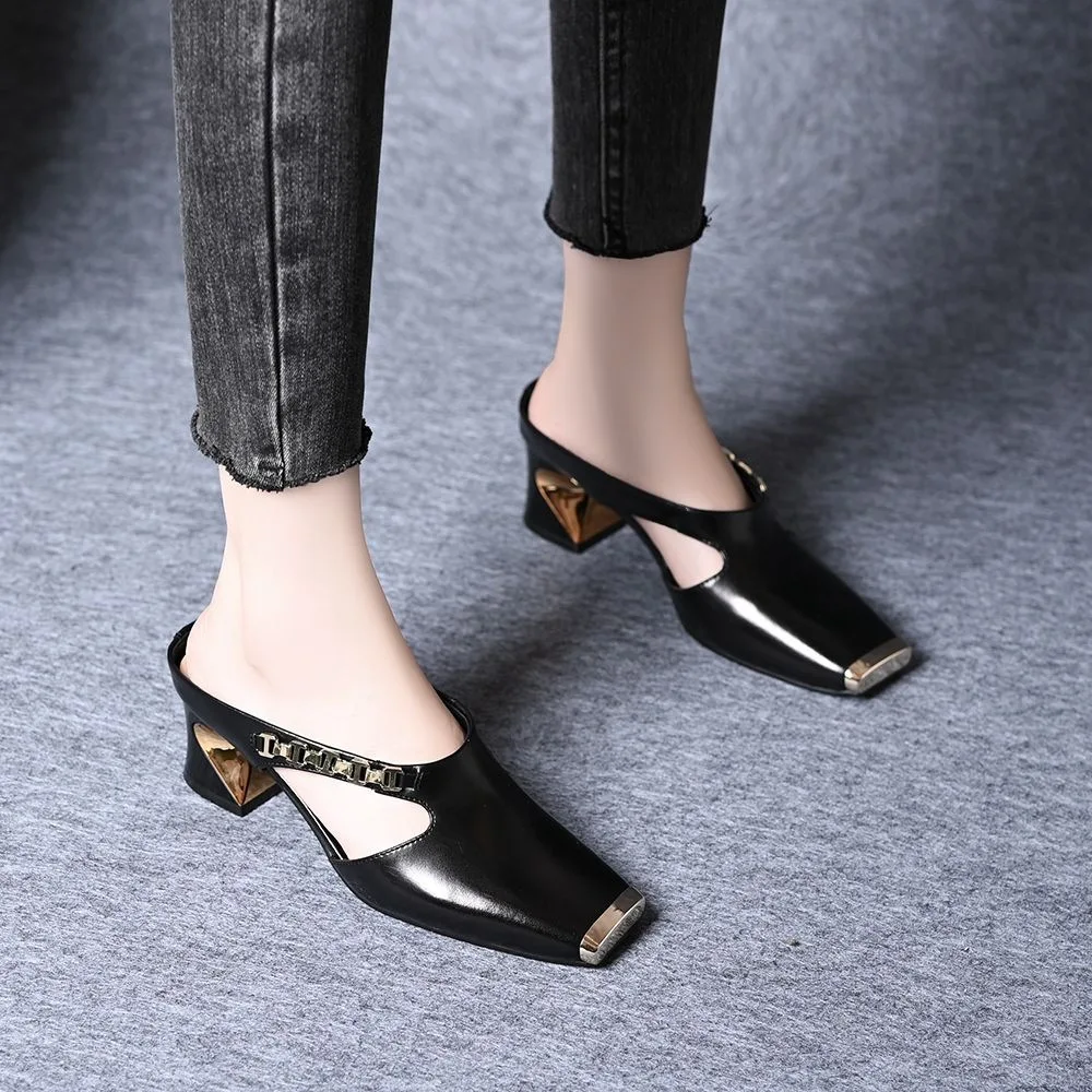 2026 New Women's Metal Square Toe High Heel Half Slippers Summer Sandals Outdoor Fashion Thick Heel Mules Shoes Zapatos De Mujer