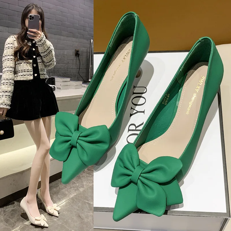 

Pointy Bow Heel Shoes Women 2026 Spring/summer New Simple Temperament Fashion Thin Heel Shoes Women