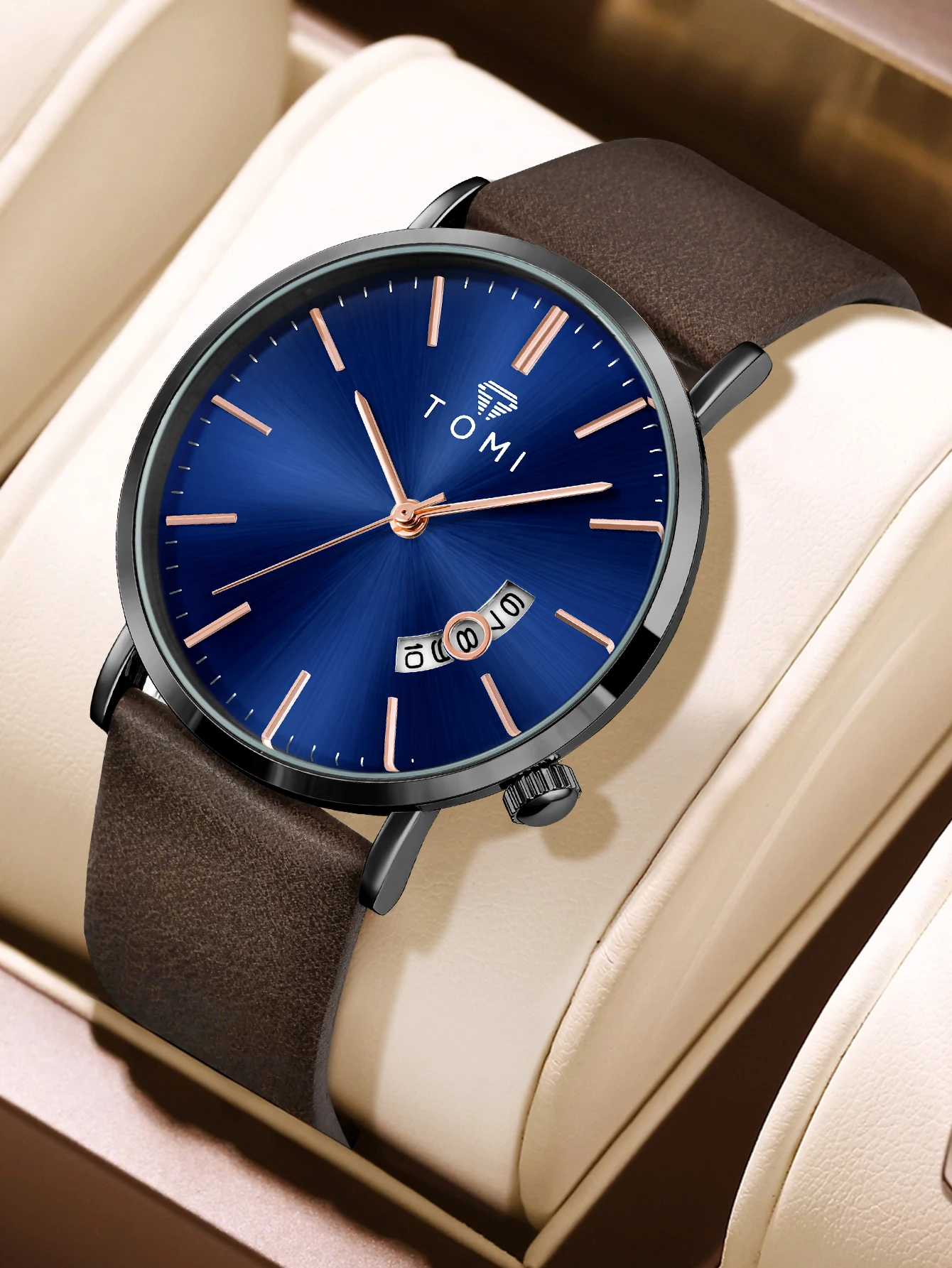 TOMIMen's watch simple trend quartz business wristwatch leather strap calendar male watch