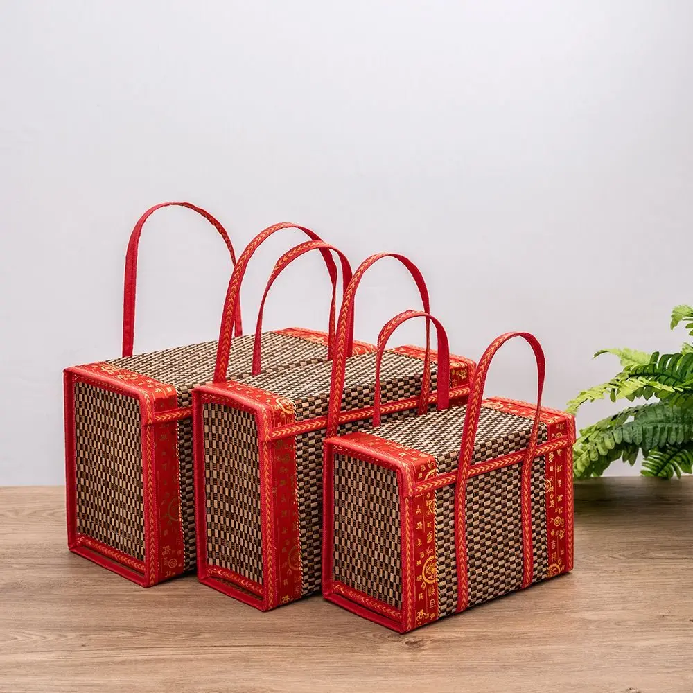 Bamboo Bamboo Picnic Basket Rectangular Large Capacity Hand-Woven Basket Foldable with Lid Handheld Woven Basket Moon Cake