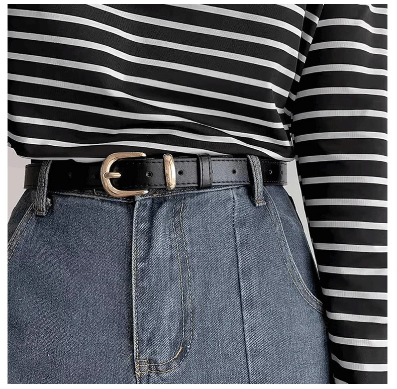 Women's Black Leather Belt Versatile High-End Retro Style Casual Waist Accessory for Jeans Summer Student Fashion