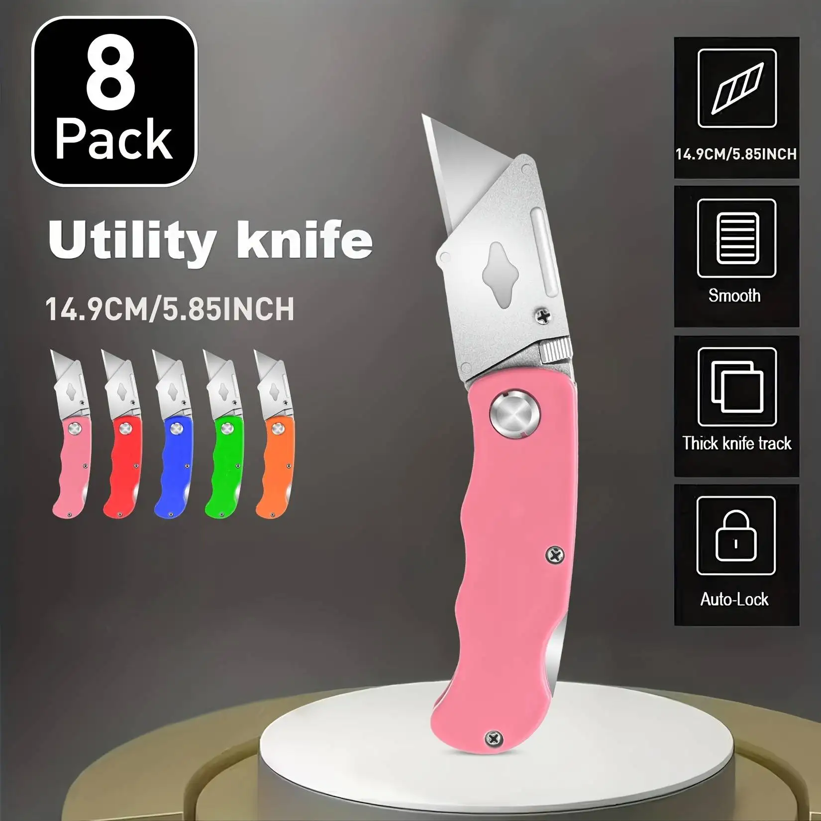 

8-Pack Folding Box Cutter Knives, Plastic Cardboard Opener, Pocket Knife, Utility Knives, Metal Construction for Home, Office