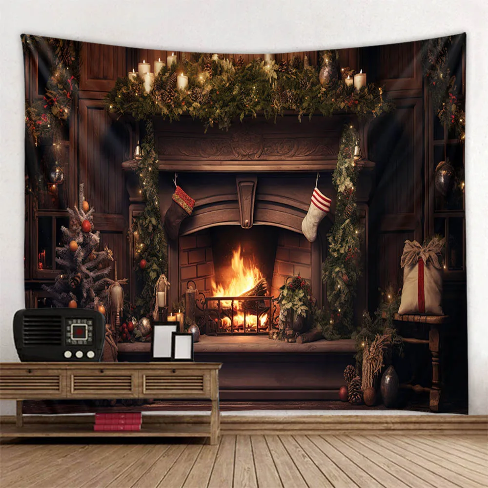 European Retro Christmas Tree Fireplace Tapestry Wall Hanging Decor Festive Spring Festival Atmosphere Home Decoration
