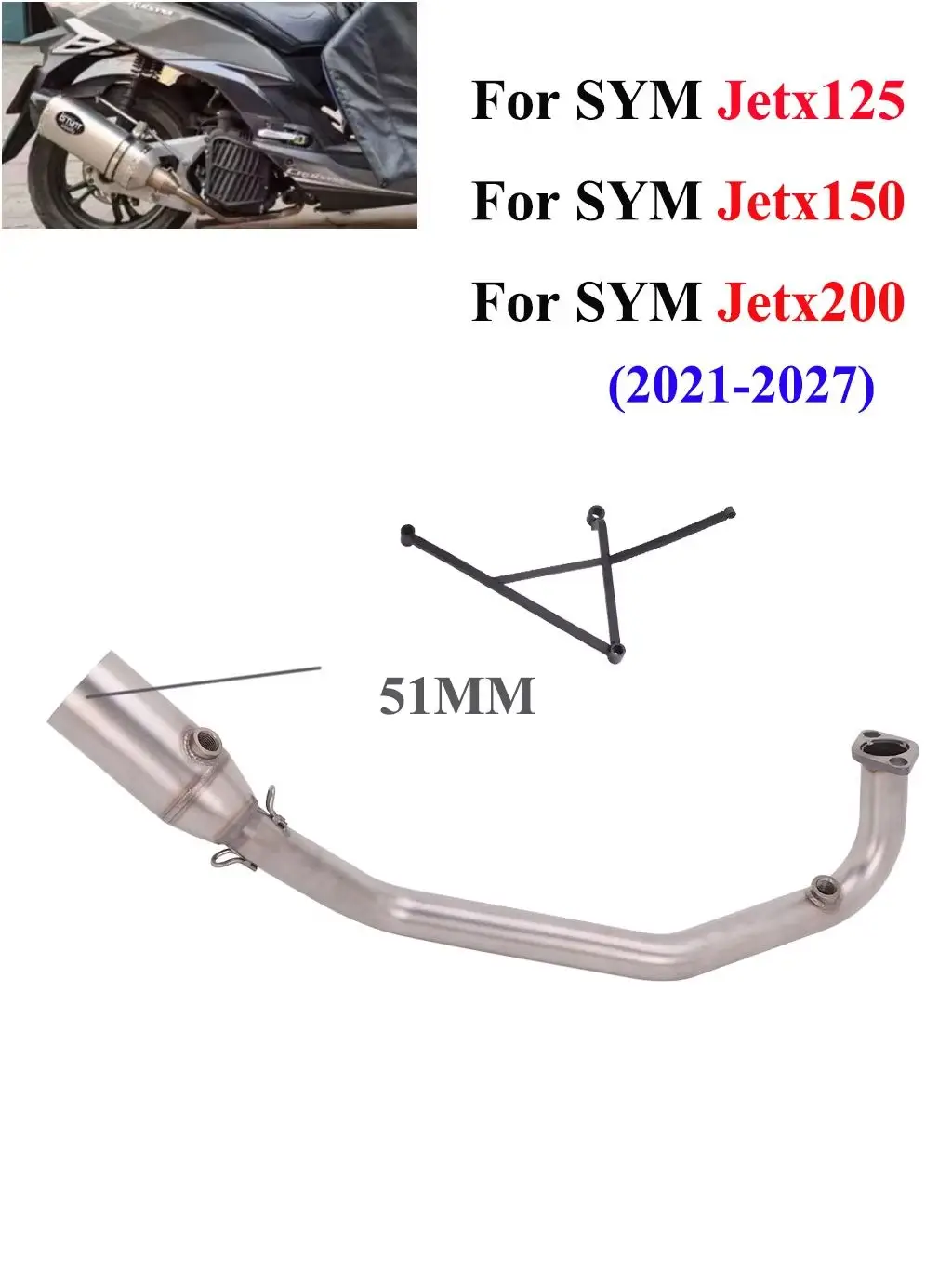 Rura 51MM do SYM Jet‑X 150 JetX125 JetX200 2021-2027, przednia rura łącząca układ wydechowy motocykla, system wydechowy JetX125, stal nierdzewna — 2
