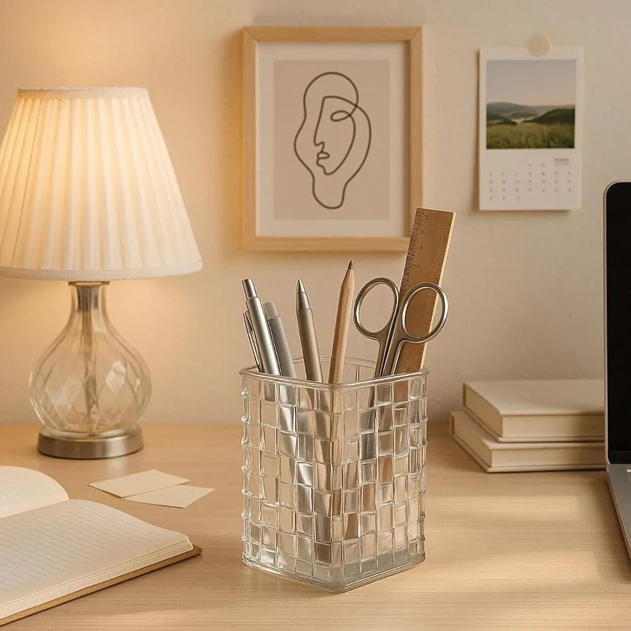 حامل أقلام أكريليك، حامل فرشاة مكياج شفاف مع نسيج منسوج، حامل قشرة أنيق شفاف لعلبة تنظيم كأس القلم المكتبي #2