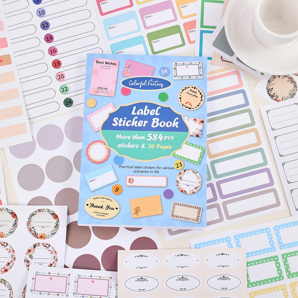 

584 pcs Colorful Label Aesthetic Sticker Book 30 Sheet Colorful Label Collection for Scrapbooking Journaling Supplies