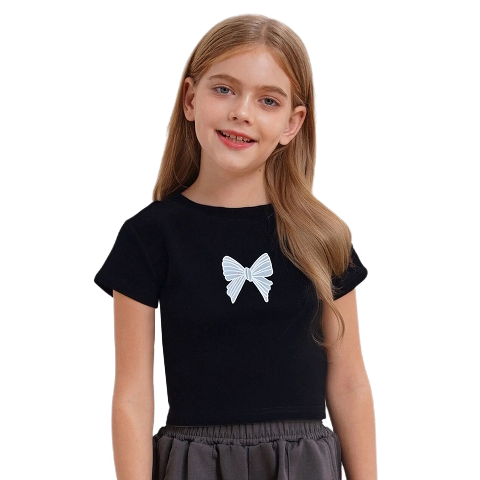 

Kids Girls Bowknot Printed T-shirt Cotton Round Neck Short Sleeves Lace-Up Back Shirt Tees Top for Birthday Party Picnic Holiday