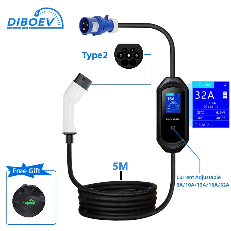 32A 7KW Type2 Portable EV Charger Wallbox IEC-62196 Standard Plug Charging for Eletric Vehicle Cars with Cable 5M