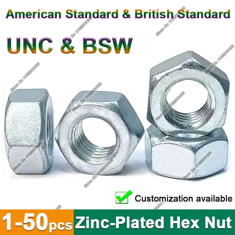 Galvanized BSW Inch British Hexagon Nut for 4#-40 1/2 1/4 1/8 3/8 3/16 5/16 5/32 Zinc-Plated UNC American Standard Hex Nut Screw