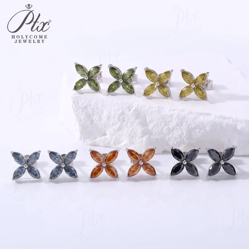 

Four-leaf Clover Pendant Necklace Stud Earrings Marquise Cut Moissanite Diamond 925 Sterling Silver Adjustable Clavicle Chain