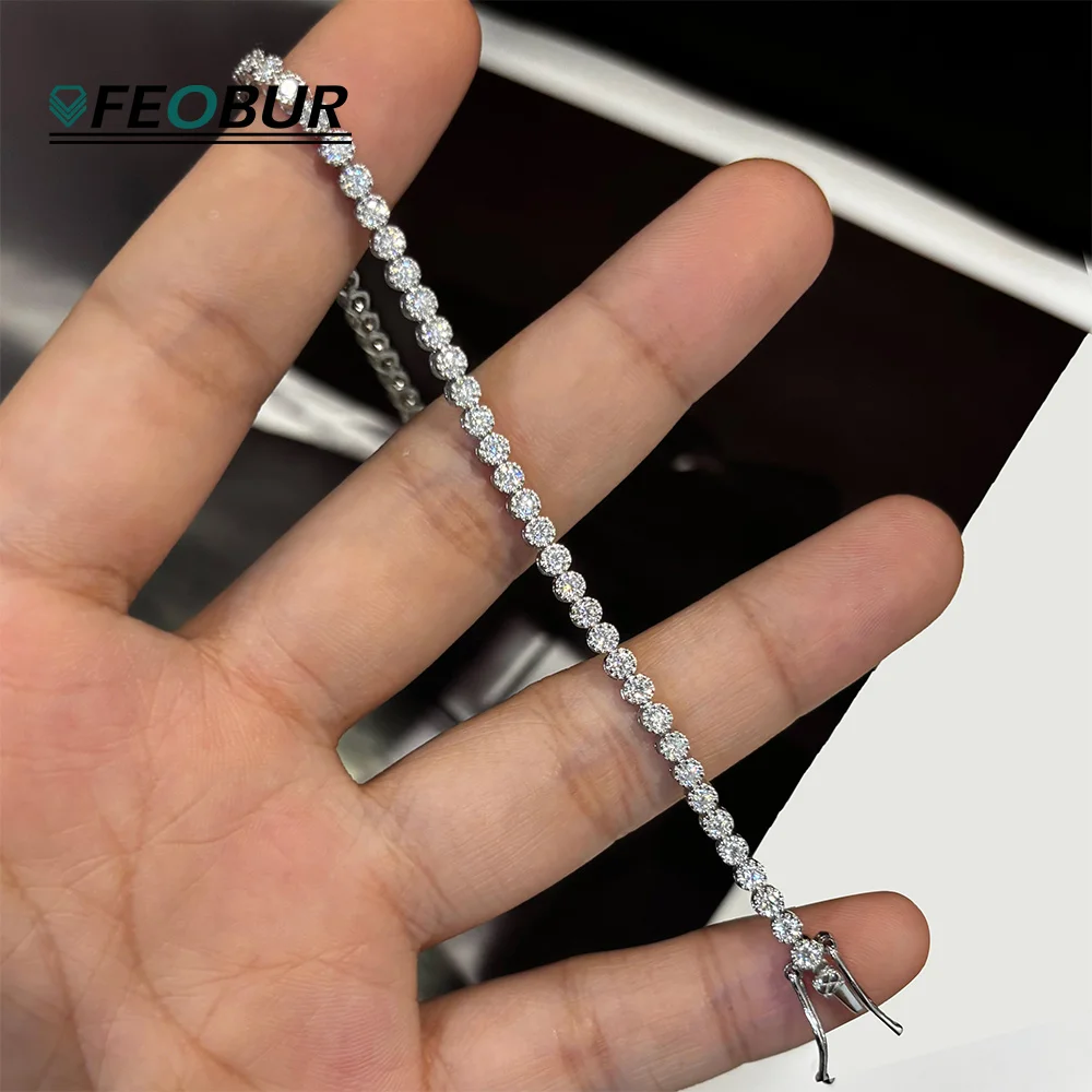 

Feobur 2MM Moissanite Tennis Bracelets for Women Lab Diamond Certified 925 Sterling Silver Bangle Hip Hop Party Jewelry GRA