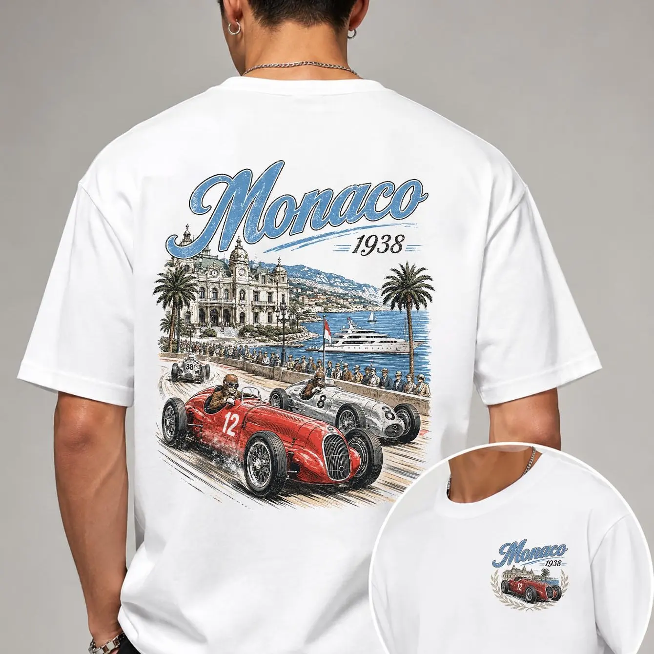 Men'S Short Sleeve Patterned T-Shirt Monaco Racing Coastal City Print Retro Racing Vacation Style Loose Casual Top Summer