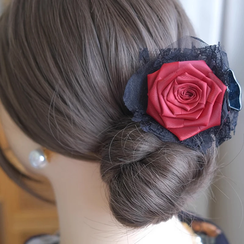 1PC 7cm Miękka siatka Gothic Girl Hair Flowers Clips Rose Fabric Flowers For Party Wedding Decoration For Craft Hair Accessories