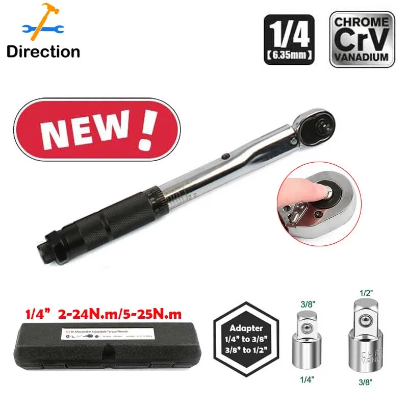 

Ratchet Torque Wrench Square Drive 2-25N.m Reversible Ratchet Key 1/4 Inch Adjustable Spanner Precise Preset Hand Tool