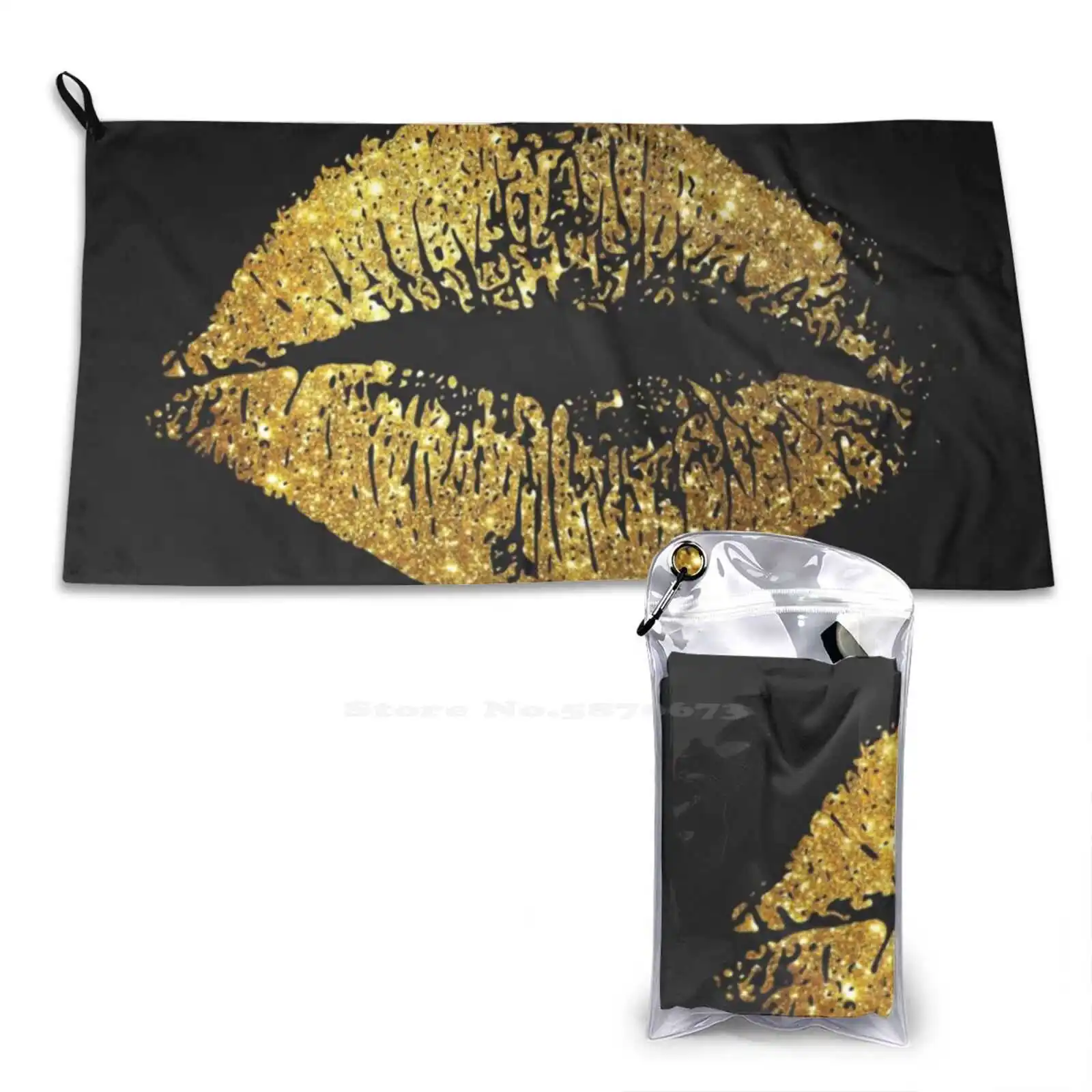 Stylish Gold Glitter Lips Soft Towel Quick Dry Beach Towel Lip Stick Lipstick Classy Kiss Black Artist Fashion Cosmetic Stylish